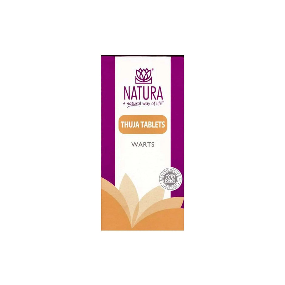 Natura Thuja Tablets packaging for warts treatment, homeopathic medicine, 250mg tablets.