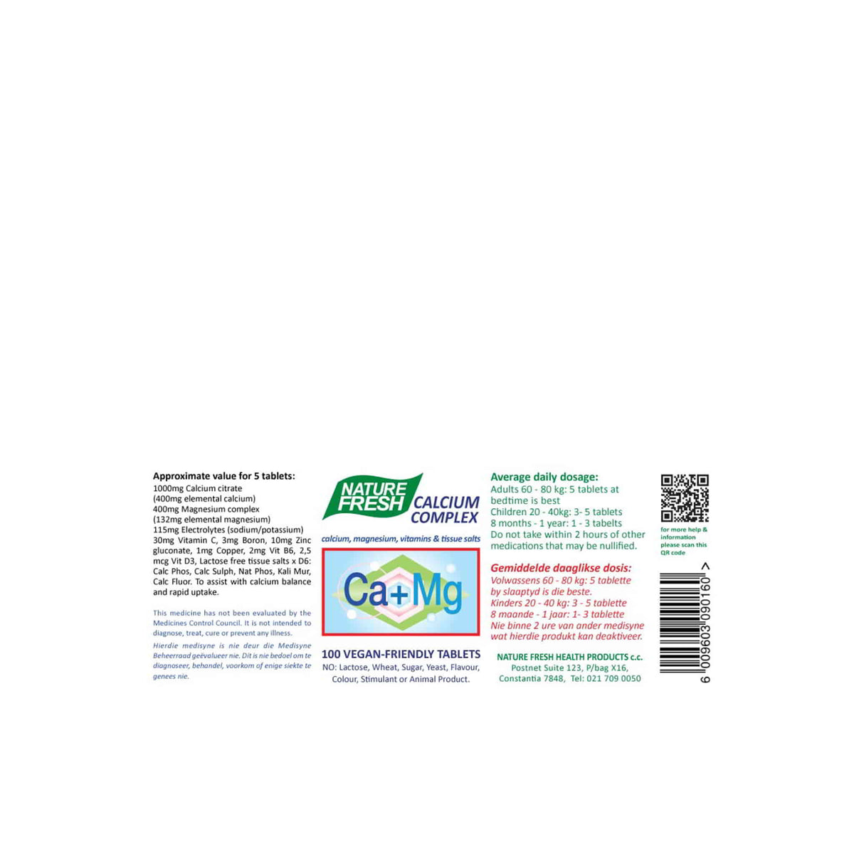 Nature Fresh Calmag Complex vegan tablets label showing ingredients, dosage, and benefits for quick absorption and toxin elimination.