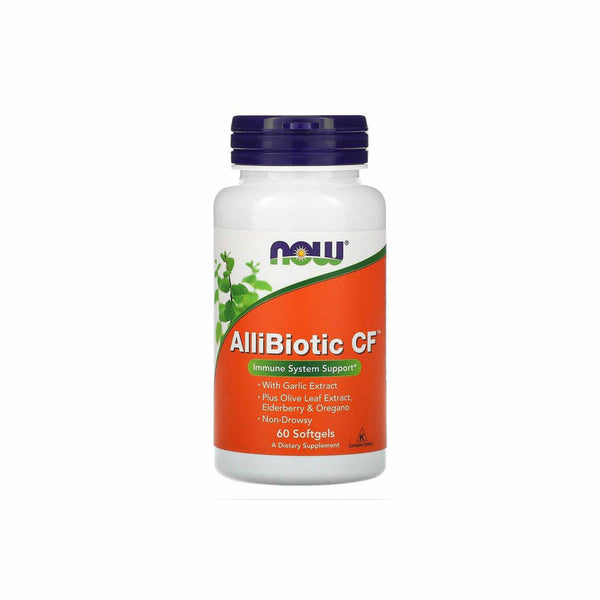 NOW Foods Allibiotic CF supplement bottle for immune system support with garlic, elderberry, and olive leaf extracts.