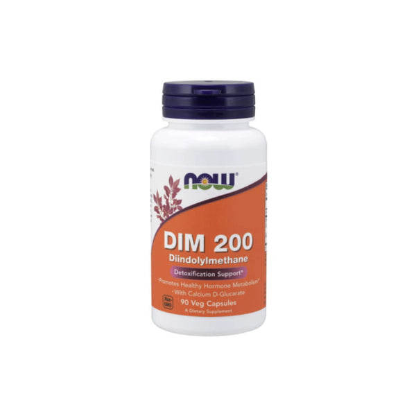 NOW Foods DIM 200 supplement bottle for hormone balance and detoxification support, featuring 90 veg capsules.