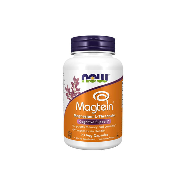 Now Foods Magtein Magnesium L-Threonate supplement bottle with cognitive support benefits, 90 veg capsules.
