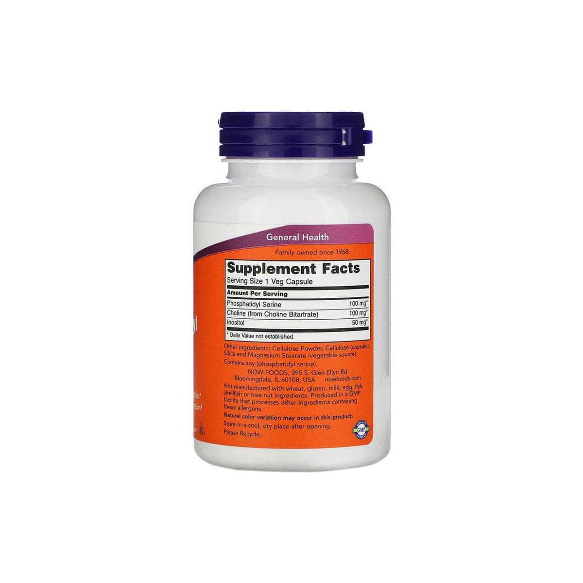 NOW Foods Phosphatidyl Serine 100mg supplement bottle displaying supplement facts and serving size information.