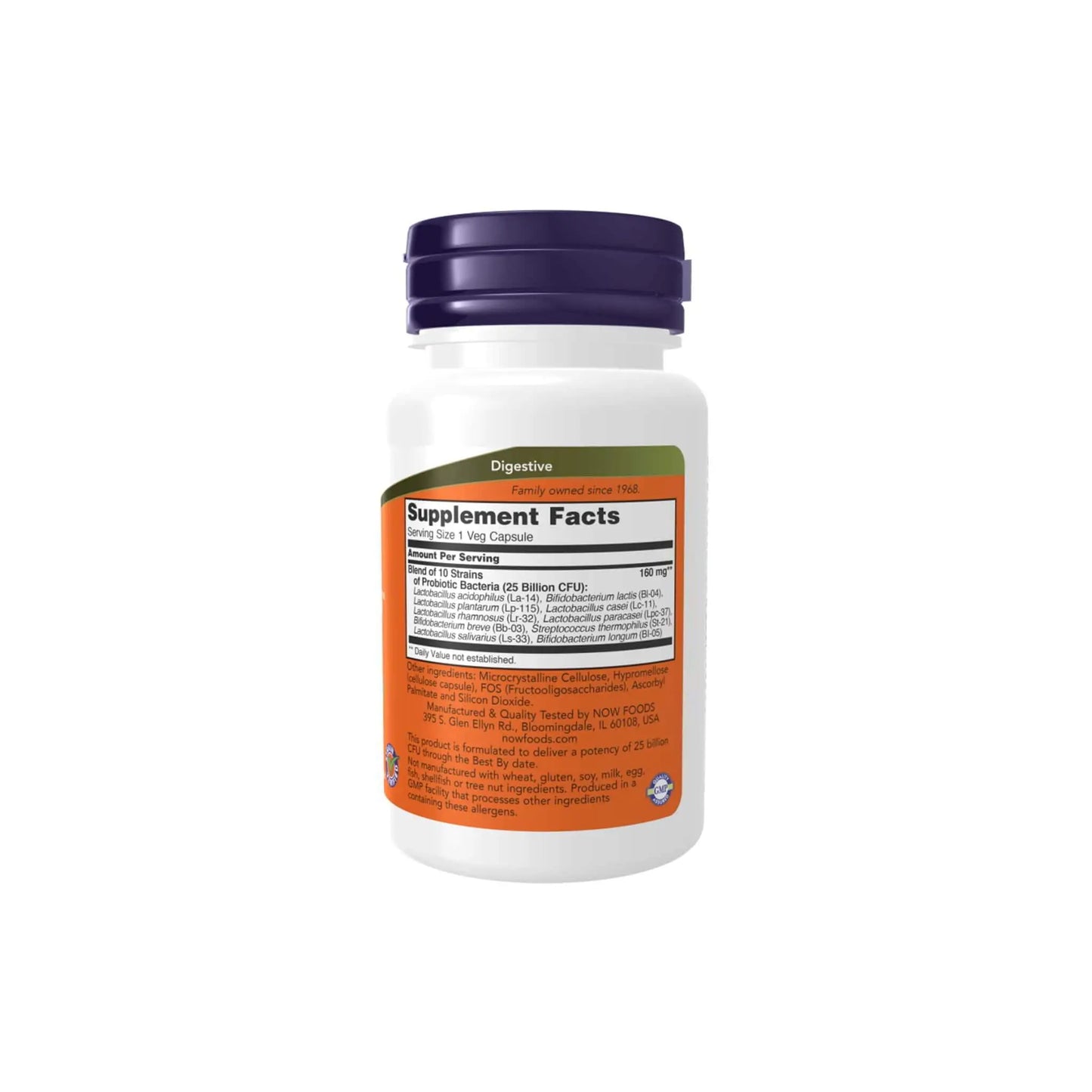 NOW Probiotic-10 25 Billion supplement bottle showcasing Supplement Facts for digestive health support.