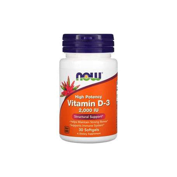 NOW Foods Vitamin D3 2000 IU softgels for immune support and strong bones in a 30-count bottle.