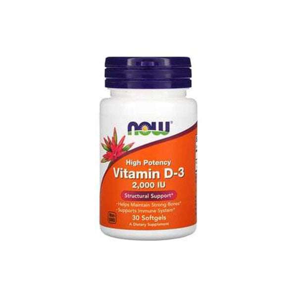 NOW Foods Vitamin D3 2000 IU softgels for immune support and strong bones in a 30-count bottle.