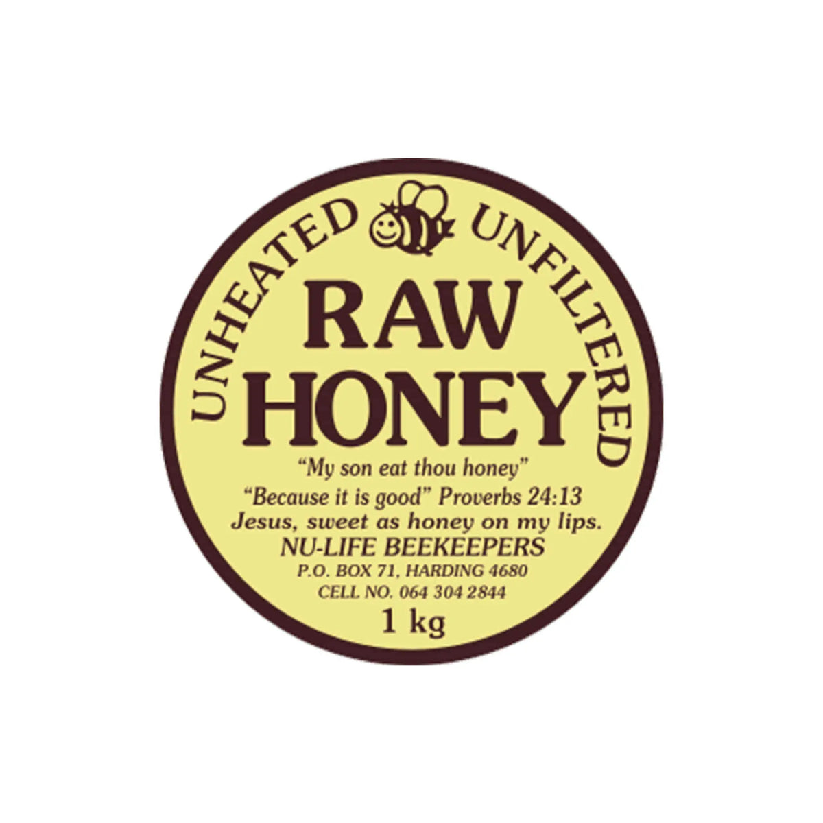 Nu Life unheated unfiltered raw honey label with a Bible quote, showcasing quality natural honey from South Africa.