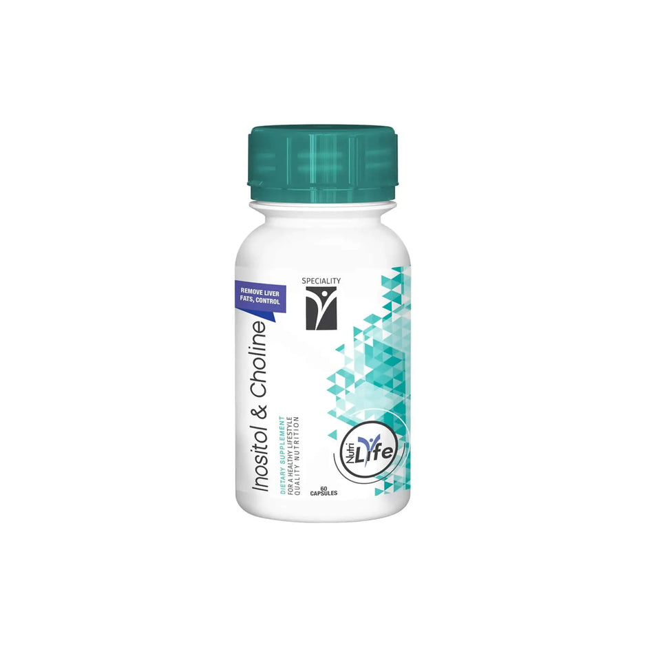 Nutrigreen Inositol and Choline supplement bottle, promoting liver health and supporting hair vitality.