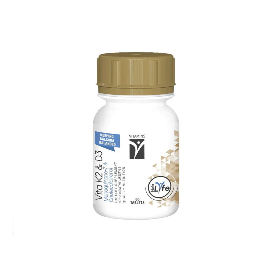 Nutrigreen Vita K2 & D3 vitamin supplement bottle with 60 tablets for bone health and immune support.
