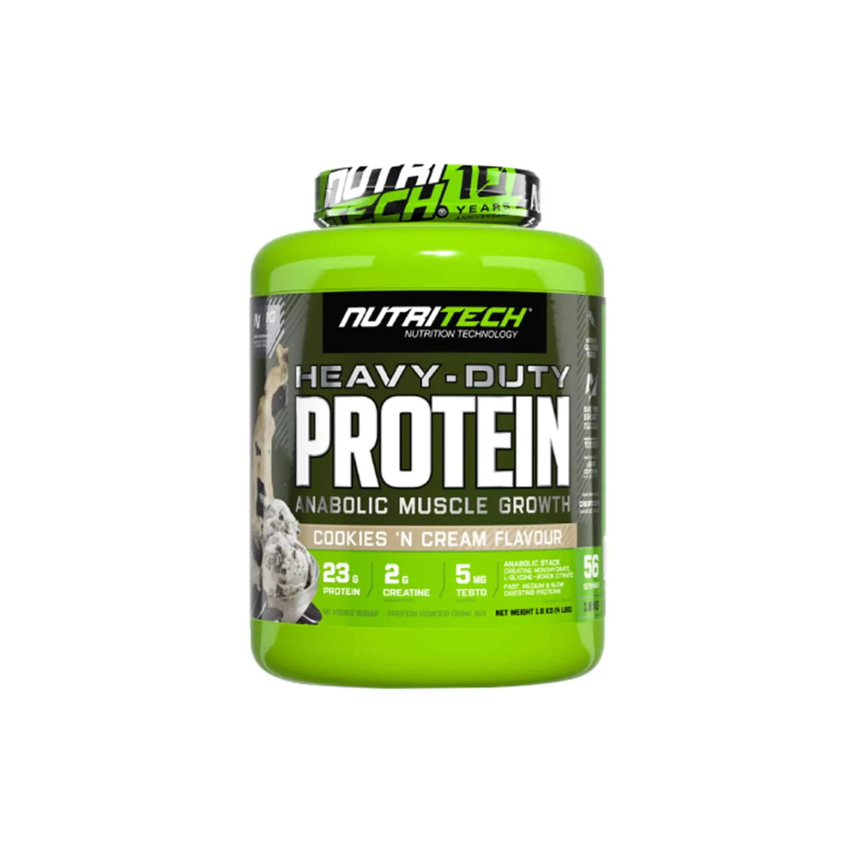 Nutritech Heavy-Duty NT Whey protein powder in cookies 'n cream flavor, 1.8Kg container for muscle growth and recovery.