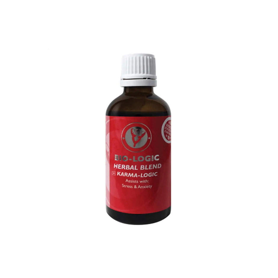 Bio-Logic Karma-Logic herbal blend tincture for stress and anxiety relief in a brown glass bottle.