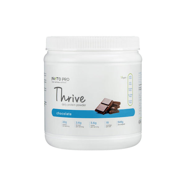 Phyto Pro Thrive Protein Powder in Chocolate flavor, 88% protein isolate from non-GMO peas, vegan and healthy nutrition.
