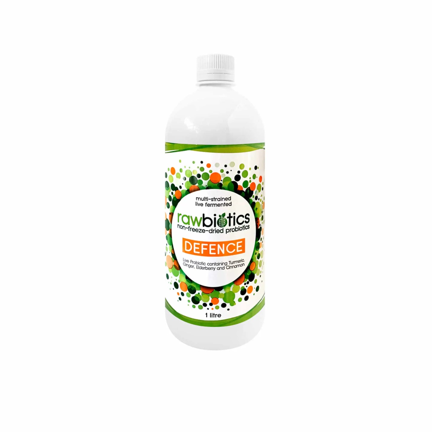 Rawbiotics Defence live probiotic bottle with ginger, elderberry, turmeric, and cinnamon for gut health and immunity.