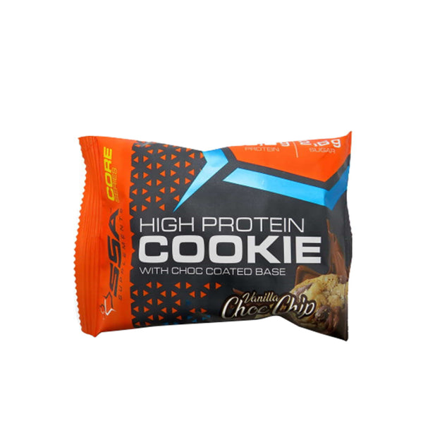 SSA Supplements High Protein Cookie with chocolate-coated base, delicious vanilla chocolate chip flavor, diet-friendly snack.