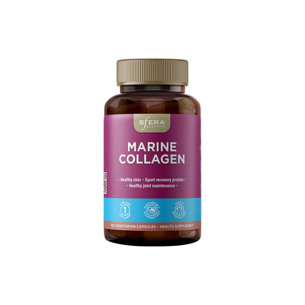 Sfera Marine Collagen supplement bottle with benefits for healthy skin and joint maintenance.