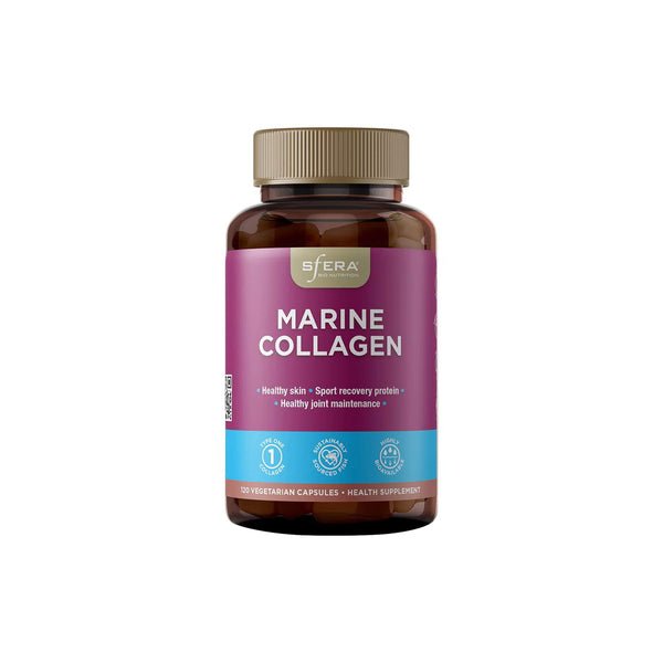 Sfera Marine Collagen supplement bottle with benefits for healthy skin and joint maintenance.