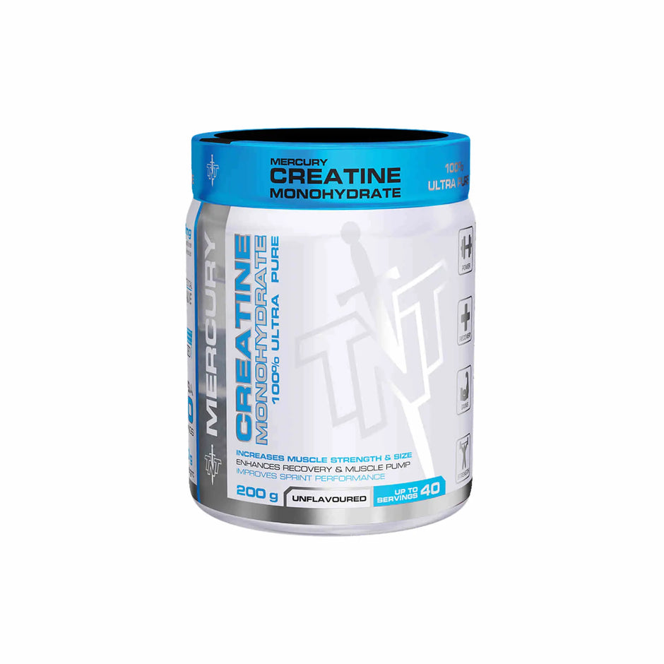 TNT Mercury Creatine Mono jar, 200g, unflavored, enhances muscle strength and recovery, promotes muscle growth.