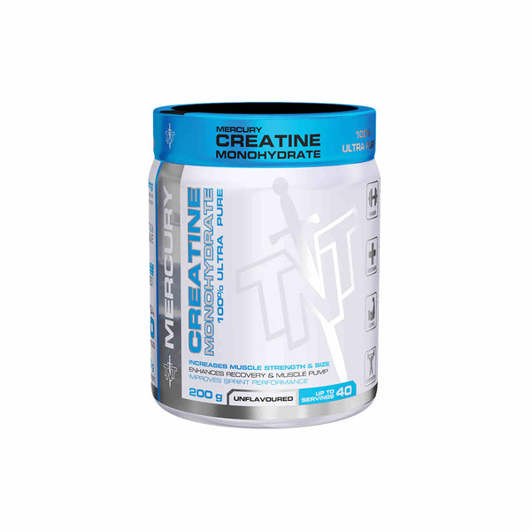 TNT Mercury Creatine Mono jar, 200g, unflavored, enhances muscle strength and recovery, promotes muscle growth.