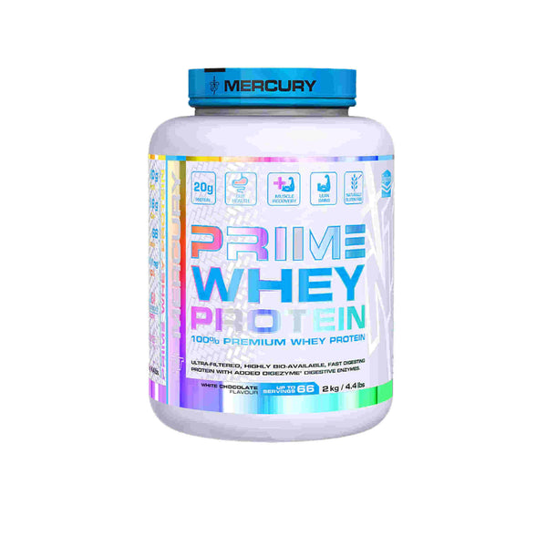 TNT Mercury Prime Whey 2Kg protein supplement tub with premium whey protein label and nutritional information.