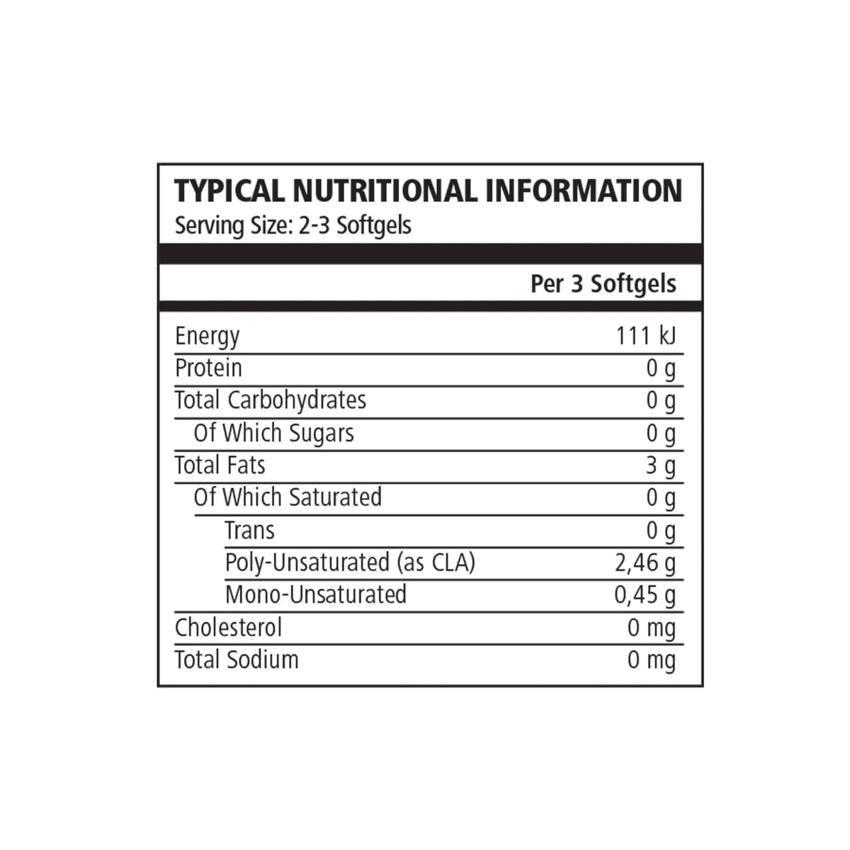 Nutritional information for TNT Prime CLA 3000 per 3 softgels, detailing energy, fats, and polyunsaturated content.