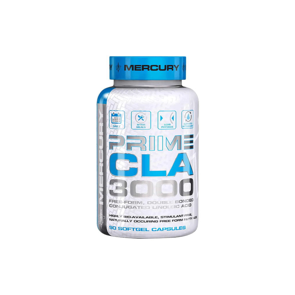 Mercury TNT Prime CLA 3000 supplement bottle, 90 softgel capsules for weight maintenance and muscle support.