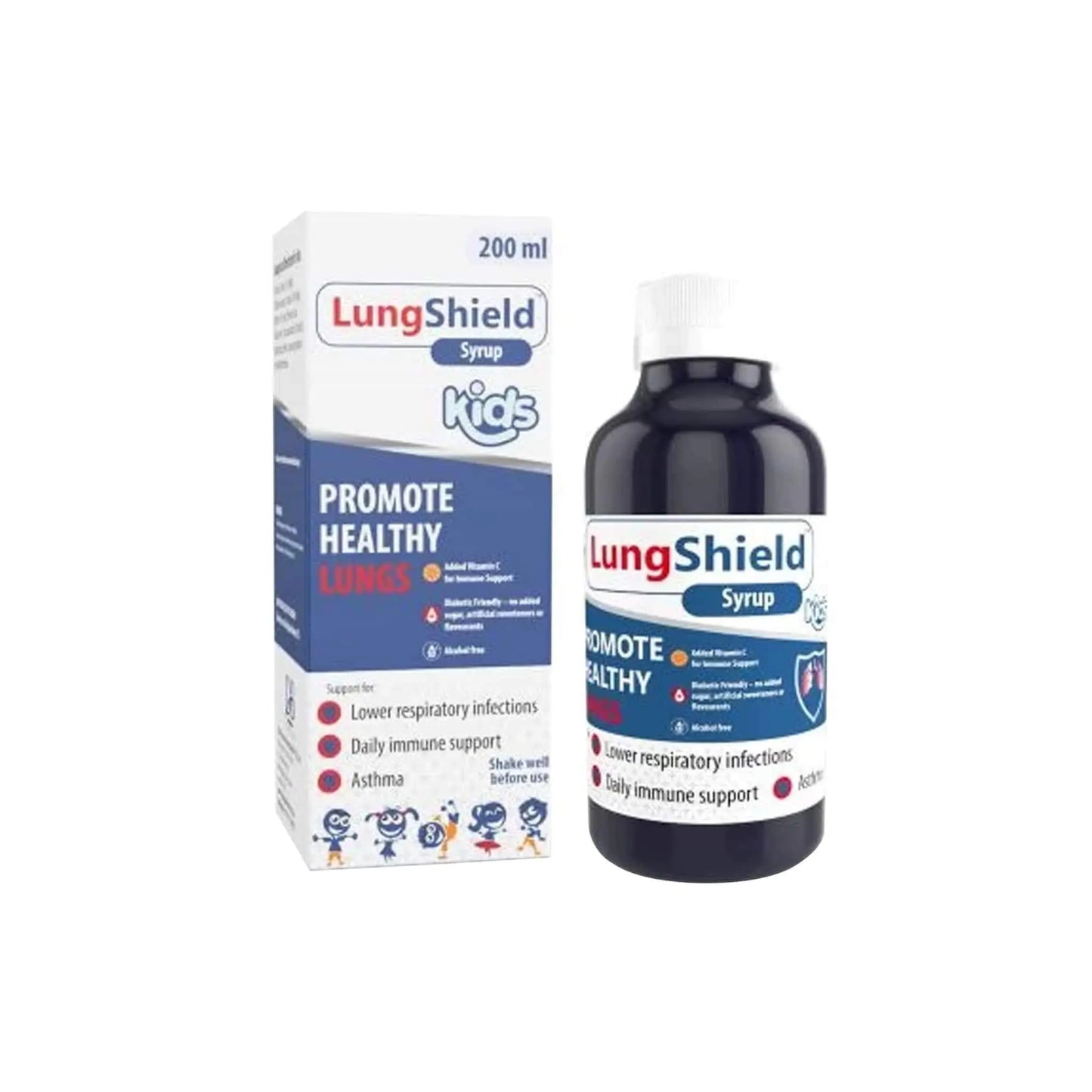 LungShield Syrup 200ml for kids, promoting healthy lungs, immune support, and reducing respiratory infections.