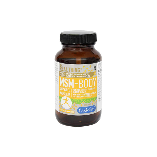 The Real Thing MSM-BODY capsules for joint health and energy boost, featuring OptiMSM for optimal benefits.