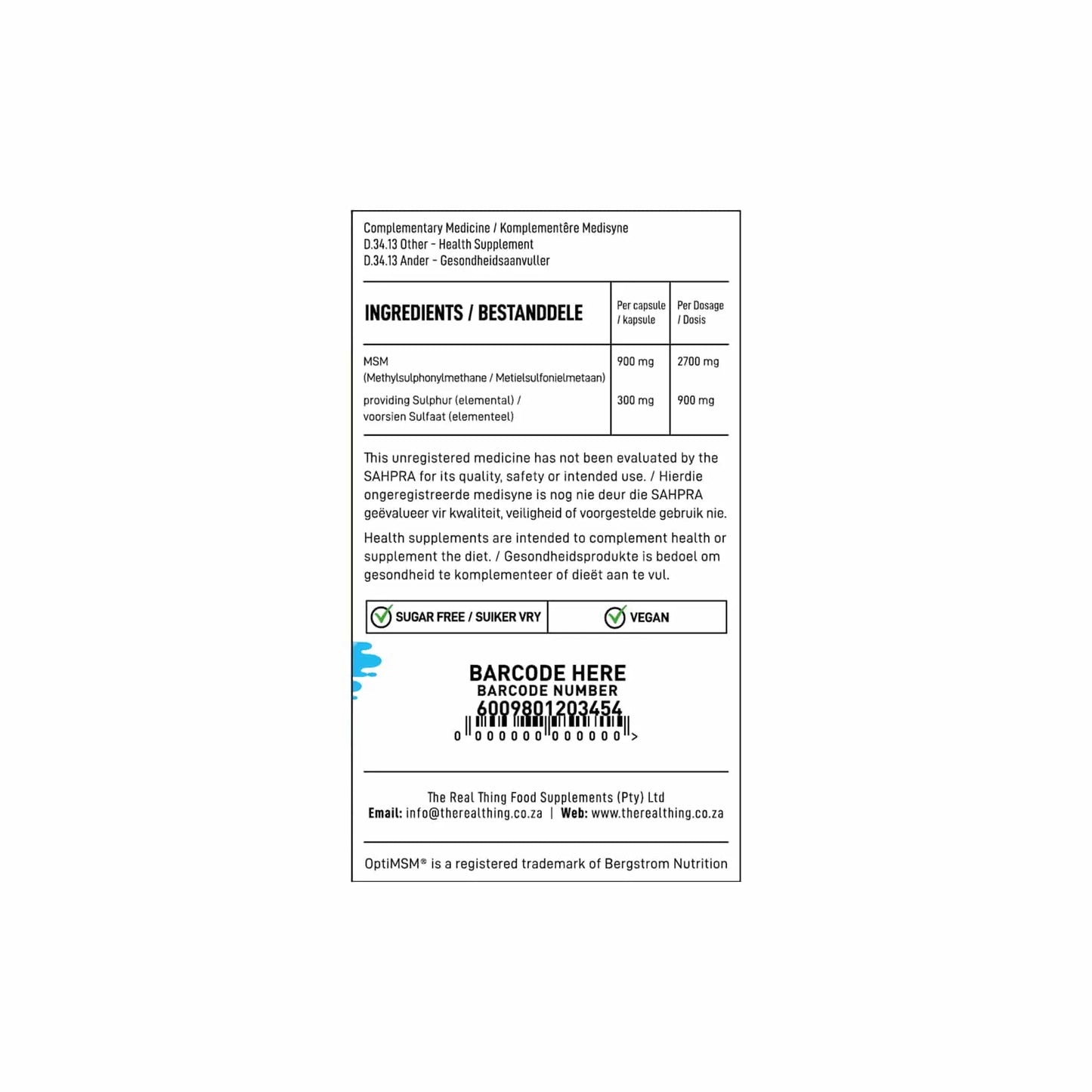 Ingredients list for The Real Thing MSM, featuring OptiMSM for joint health and antioxidant support.