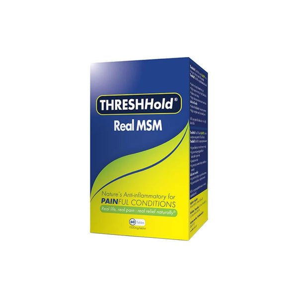ThreshHold Real MSM product packaging for natural pain relief and joint support, featuring 1000mg MSM per tablet.