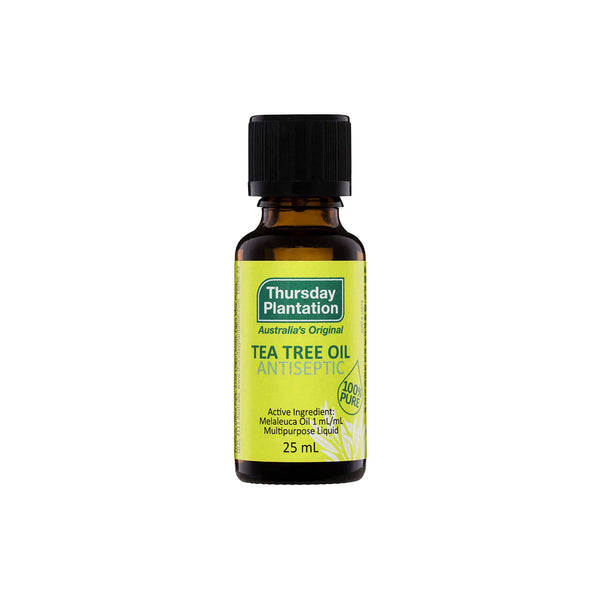 Thursday Plantation 100% Pure Tea Tree Oil bottle, 25ml, antiseptic, steam-distilled for purity and potency.