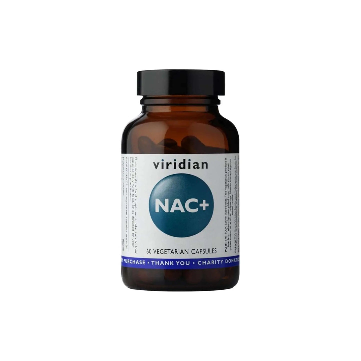 Viridian NAC+ bottle containing 60 vegetarian capsules, supporting antioxidant health and normal glucose levels.