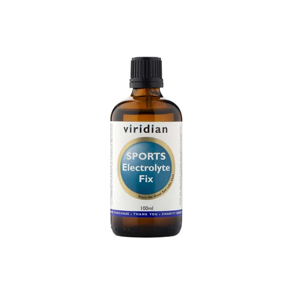 Viridian Sports Electrolyte Fix liquid in a 100ml amber bottle, sourced from the Great Salt Lake, Utah.