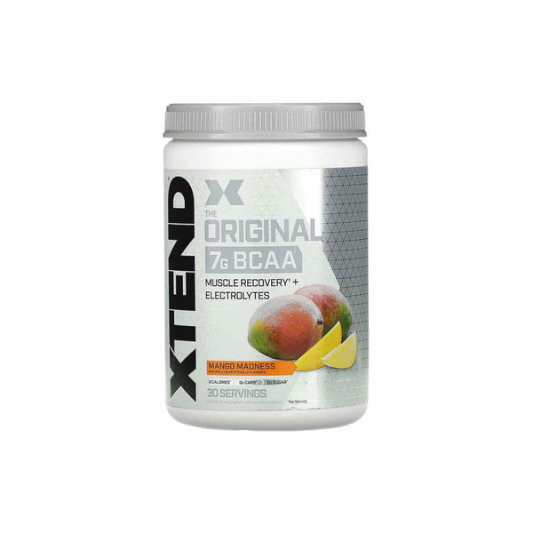 Scivation Xtend Original 7g BCAA Mango Madness for muscle recovery and electrolytes, 30 servings container.