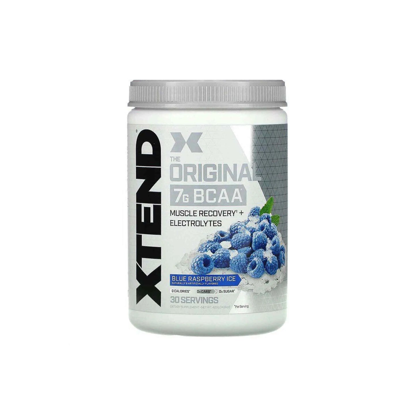Scivation Xtend The Original 7g BCAA Blue Raspberry Ice flavor for muscle recovery and hydration, 30 servings container.