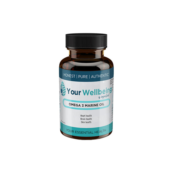 Your Wellbeing Omega 3 Marine Oil bottle promoting heart, brain, and skin health in a brown glass container.
