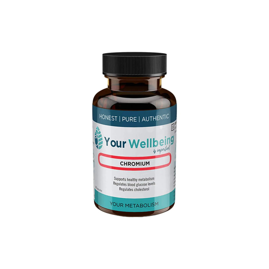 Your Wellbeing Chromium Plus supplement bottle supporting healthy metabolism and blood glucose regulation.