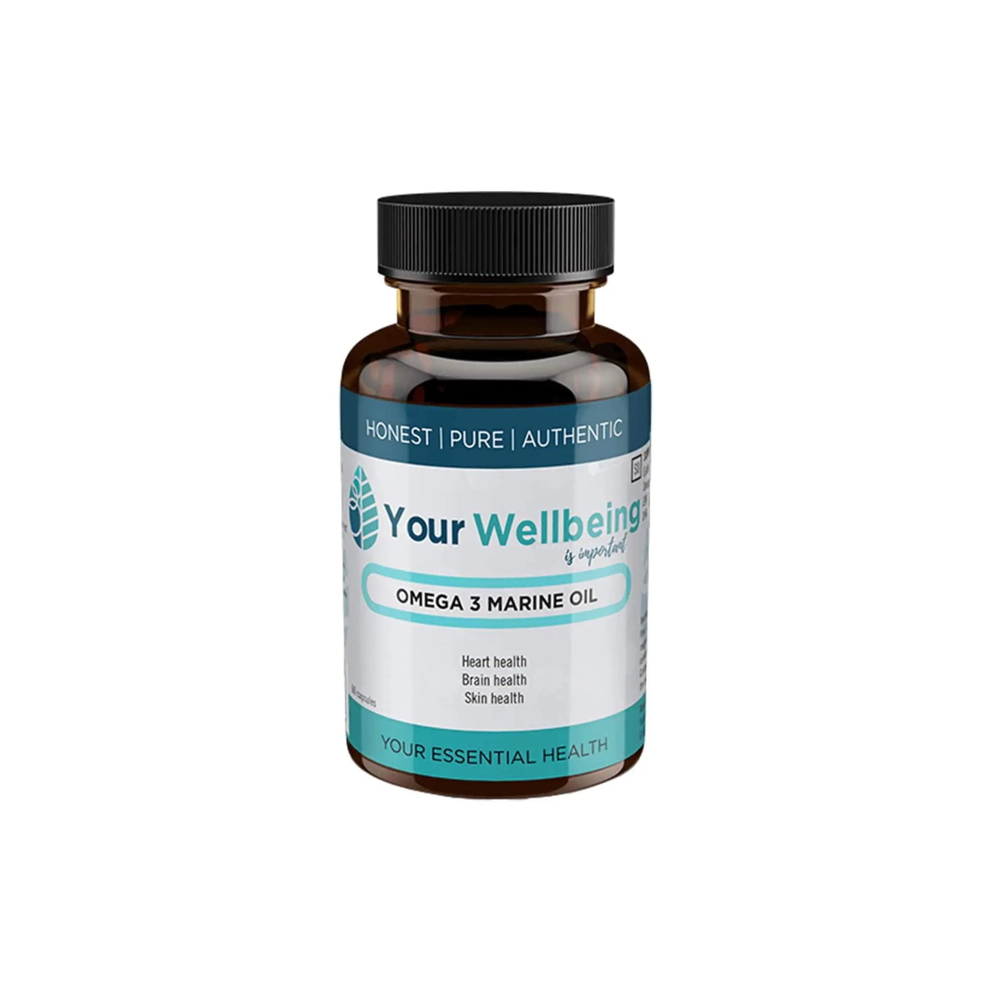 Omega 3 Marine Oil supplement bottle promoting heart, brain, and skin health from Your Wellbeing.