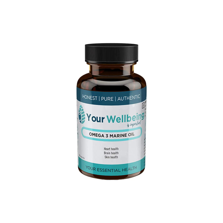 Omega 3 Marine Oil supplement bottle promoting heart, brain, and skin health from Your Wellbeing.
