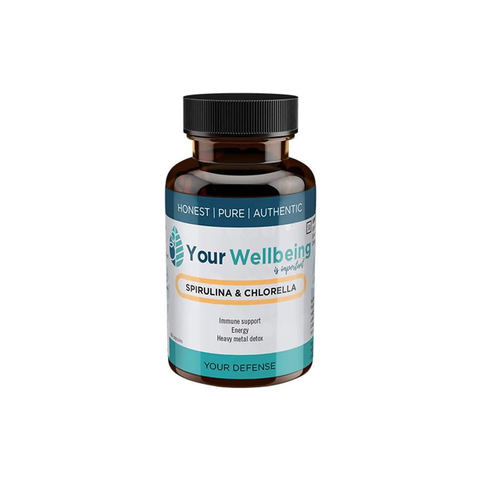 Your Wellbeing Spirulina & Chlorella supplement bottle for immune support and energy boost.