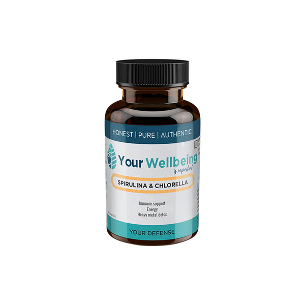 Your Wellbeing Spirulina & Chlorella supplement bottle for immune support and energy boost.