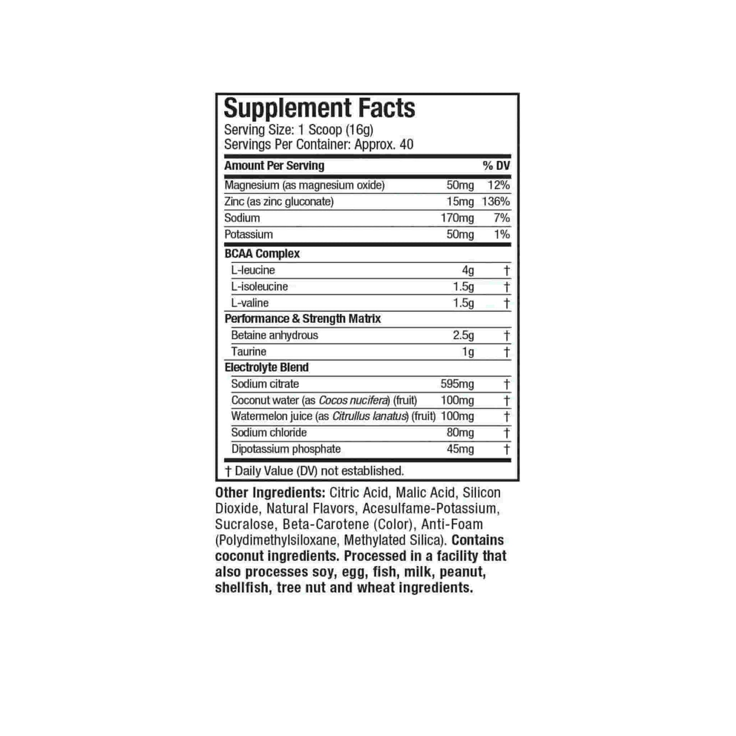 Supplement facts for Muscletech Amino Build showing ingredients, serving sizes, and nutritional information.
