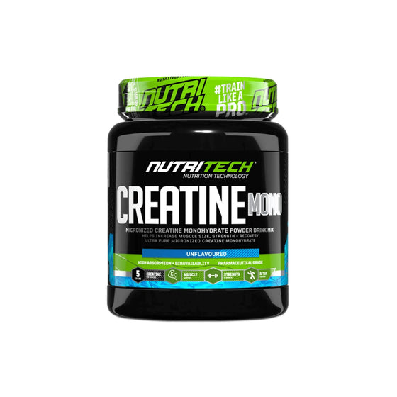 Nutritech Creatine Monohydrate 500g jar, micronized formula for strength, muscle mass, and recovery support.