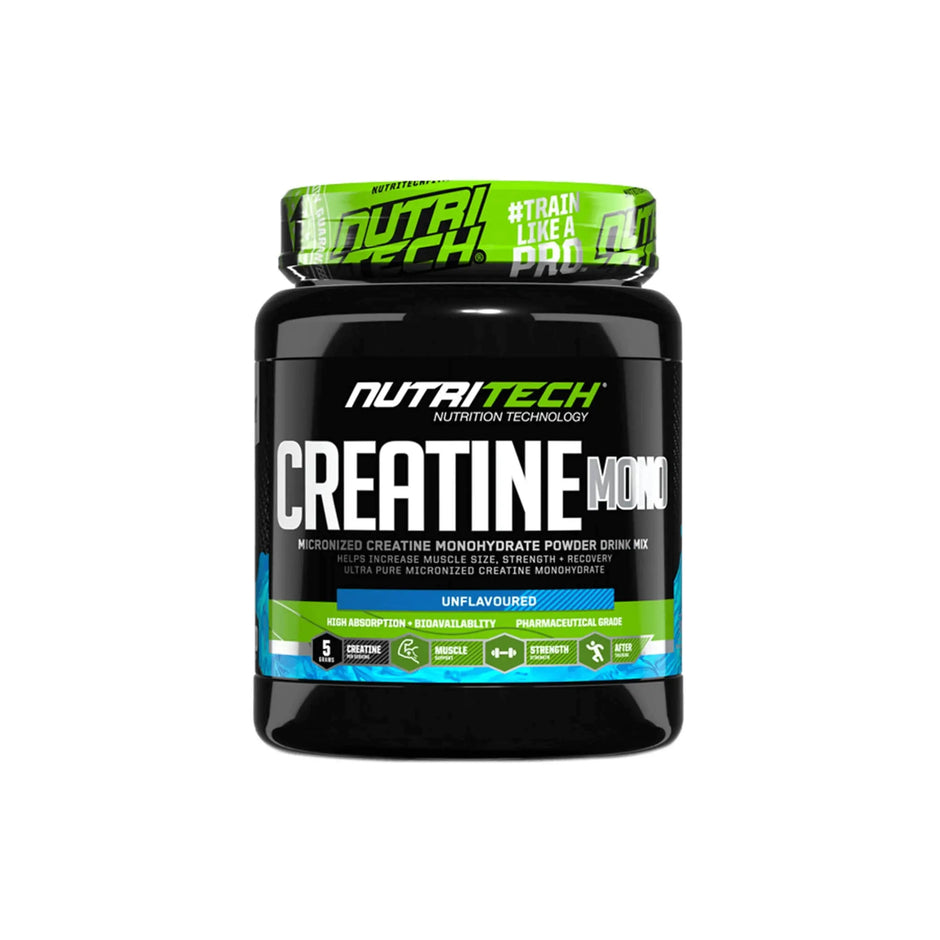 Nutritech Creatine Monohydrate 500g jar, micronized formula for strength, muscle mass, and recovery support.