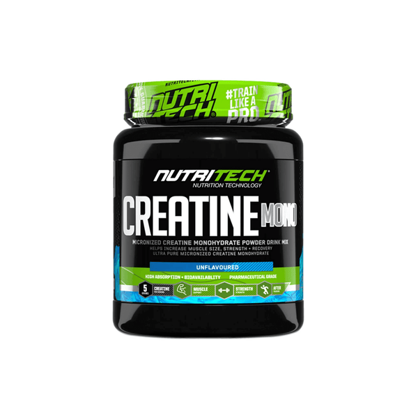 Nutritech Creatine Monohydrate 500g jar, micronized formula for strength, muscle mass, and recovery support.