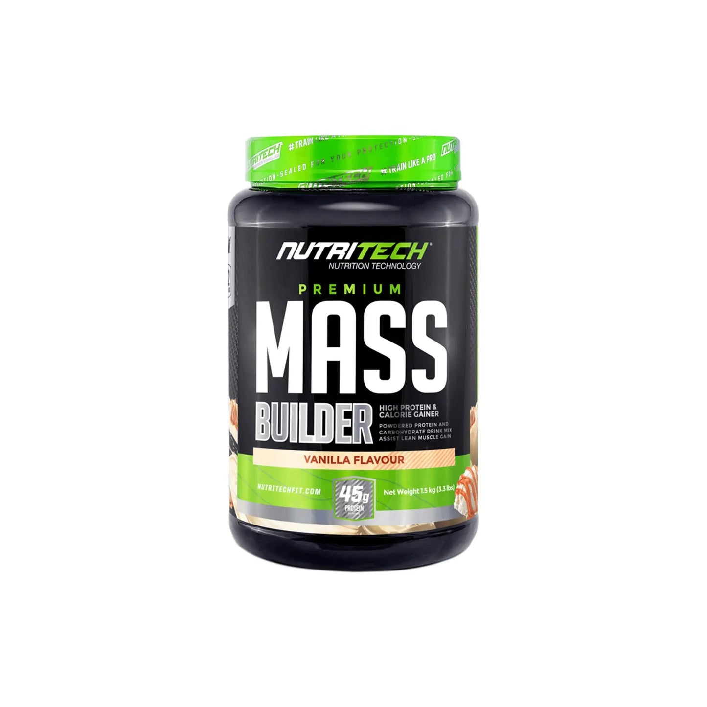 Nutritech Premium Mass Builder 1.5Kg in vanilla flavor, featuring a blend of four protein sources for athletes.