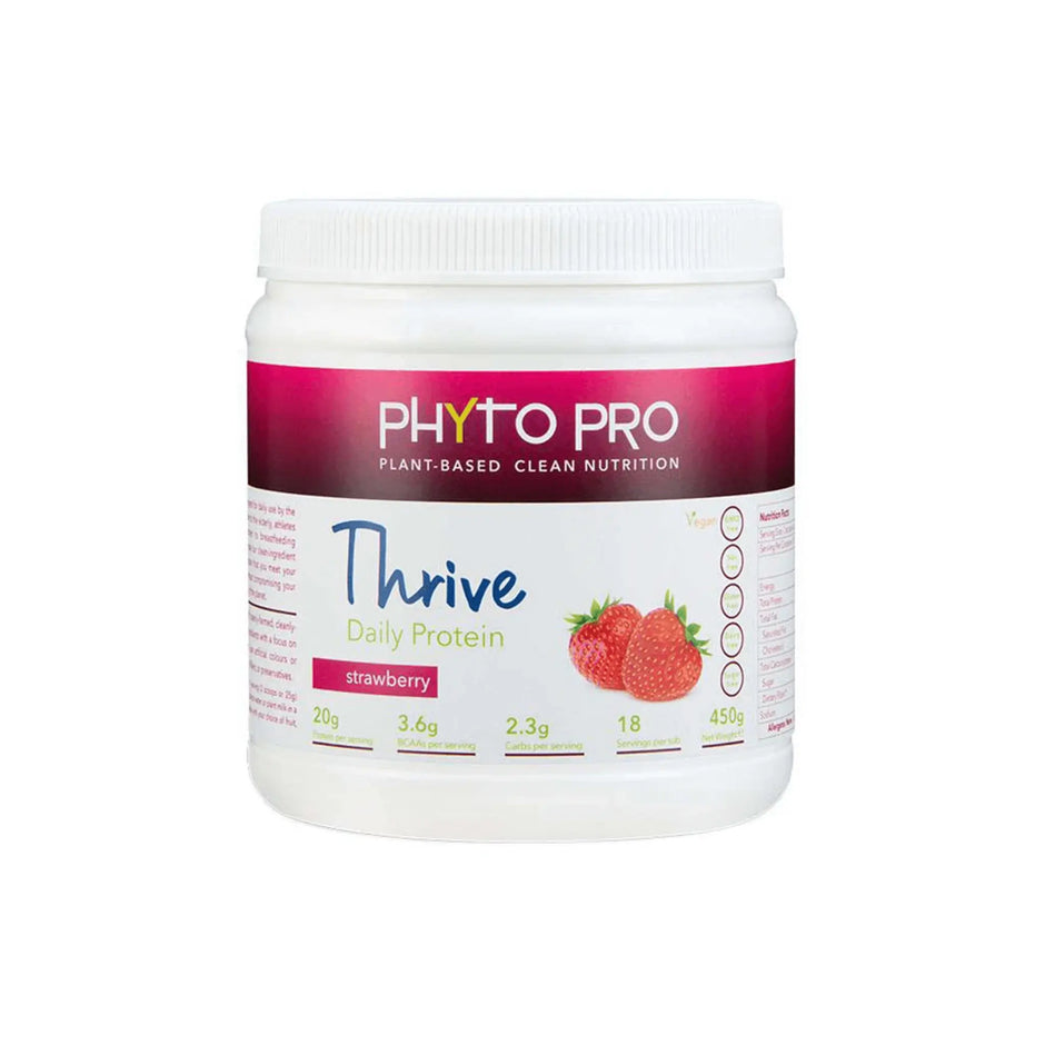 Phyto Pro Thrive Protein in Strawberry flavor, plant-based protein supplement with 88% protein isolate, 450g container.