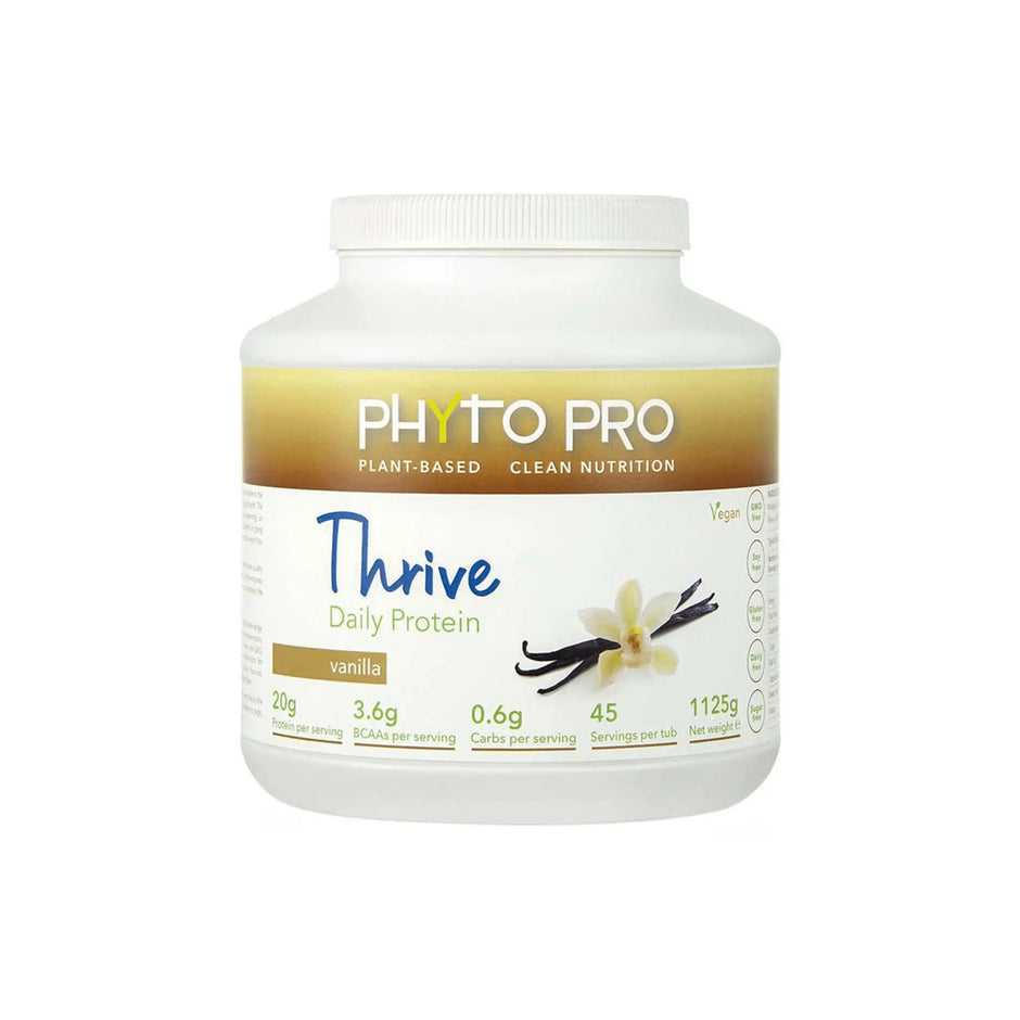Phyto Pro Thrive Protein Vanilla powder container showcasing plant-based nutrition with vanilla flavor and nutritional information.