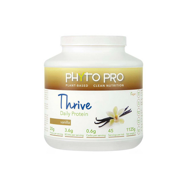 Phyto Pro Thrive Protein Vanilla powder container showcasing plant-based nutrition with vanilla flavor and nutritional information.