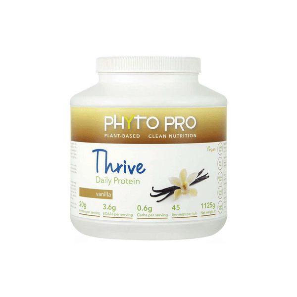 Phyto Pro Thrive Protein Vanilla powder container showcasing plant-based nutrition with vanilla flavor and nutritional information.