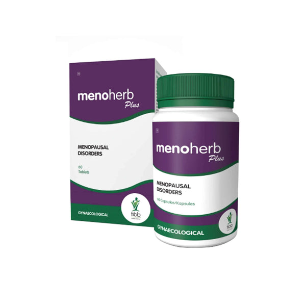 Tibb Menoherb Plus supplement bottle for menopausal relief, featuring isoflavones and natural ingredients in packaging.