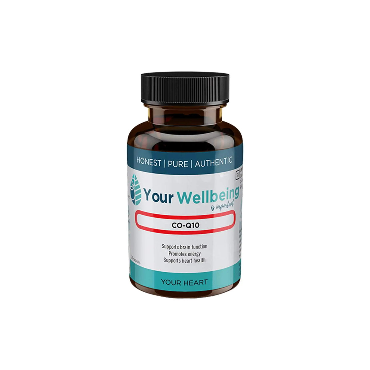 Your Wellbeing CO-Q10 500mg supplement bottle with labels highlighting brain function and heart health support.
